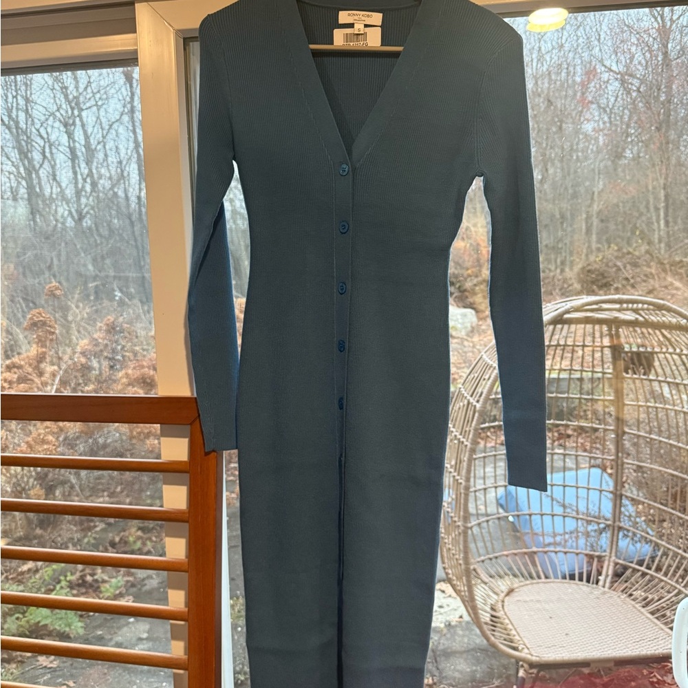 Torn by Ronny Kobo Blue Long Sleeve V-Neck Dress